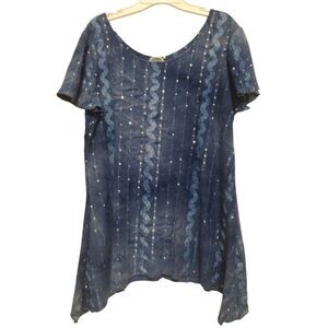 Sienna Grace Blouse Women Medium‎ Blue Sequins Stretch Asymmetrical Short Sleeve